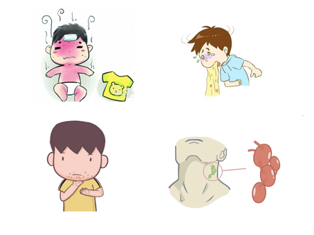 发热，可伴有咽痛、盗汗、恶心、呕吐、腹泻、皮疹、关节疼痛、淋巴结肿大及神经系统症状