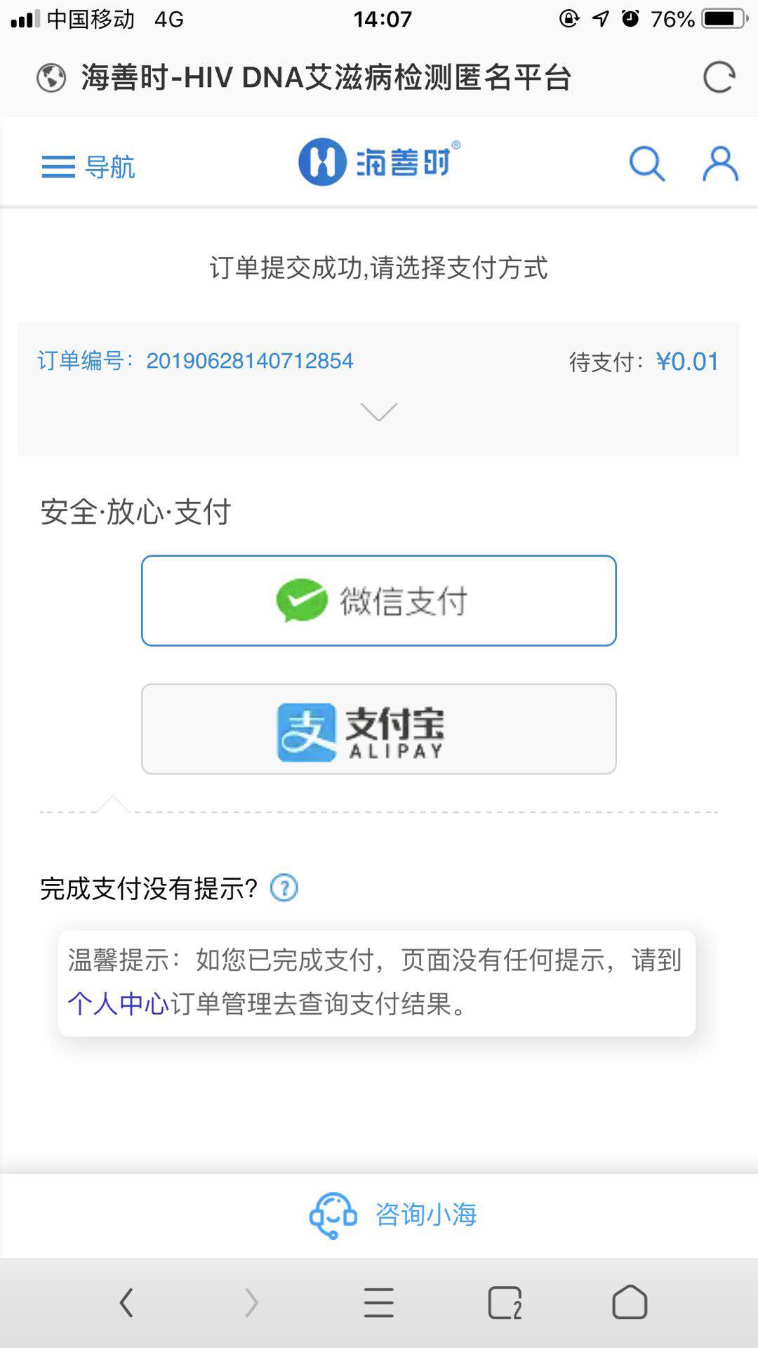 5. 选择支付方式, 完成支付.