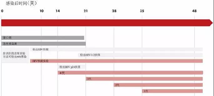图 2 HIV 抗体、p24 抗原及核酸检测的检出时间