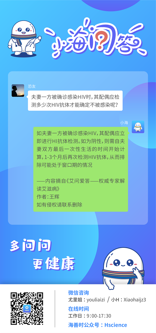 夫妻一方被确诊感染 HIV 时，其配偶应检测多少次HIV抗体才能确定不被感染呢？  